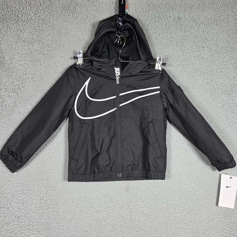 Nike Boys Jacket Sz 2T Black Windbreaker Full Zip Hooded Lightweight Swoosh NEW